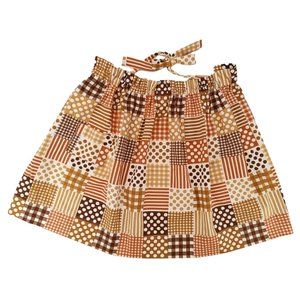 Vintage Apron Handmade Half 1960s Brown White Patchwork Tie Pocket Stripe Dot